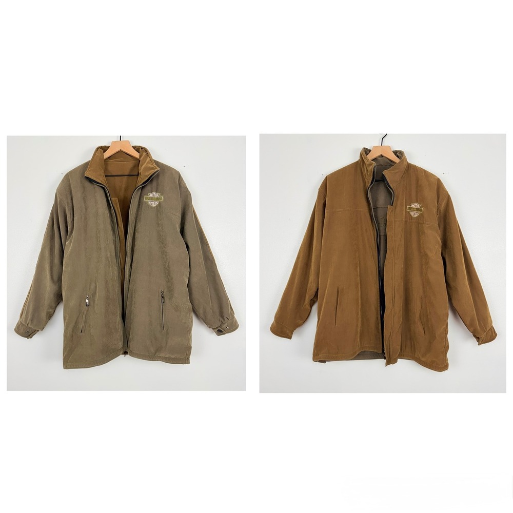 Harley-Davidson Reversible Jacket Men L Brown Olive Green Embroidered Logo Biker